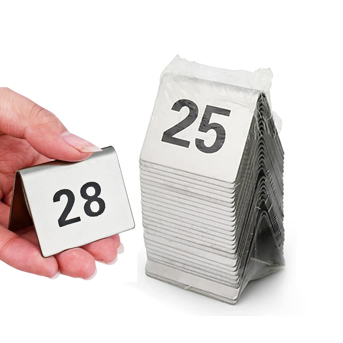 SaryEdge Table Numbers Stainless Steel, 1-25/50/100 Double Side Table Number Cards, Restaurant Seating Metal Stackable Table Numbers, Wedding Anniversary Event,1 to 25