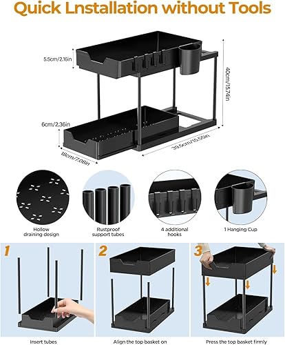 Miniatura 6 de Organizador de baño para debajo del fregadero, organizador de 2 niveles para debajo del fregadero Kicthen con ganchos, taza colgante, divisores,