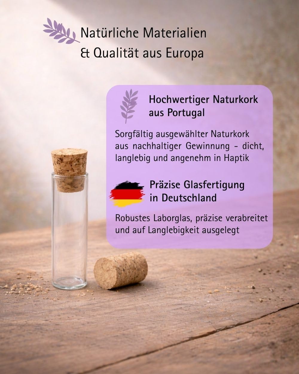 288 Stück Flachbodengläser | 50mm x Ø14mm | Globuligläser | transparente Laborgläser | Laborgefäß Klarglas | Reagenzglas stehend mit Natur Korkstopfen