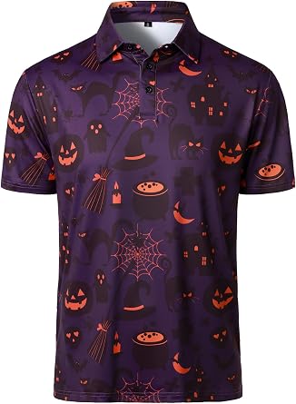 HOOD CREW Mens Short Sleeve Polo Shirt Fun Pumpkins Ghost Printed Halloween Shirt Costume T-Shirts