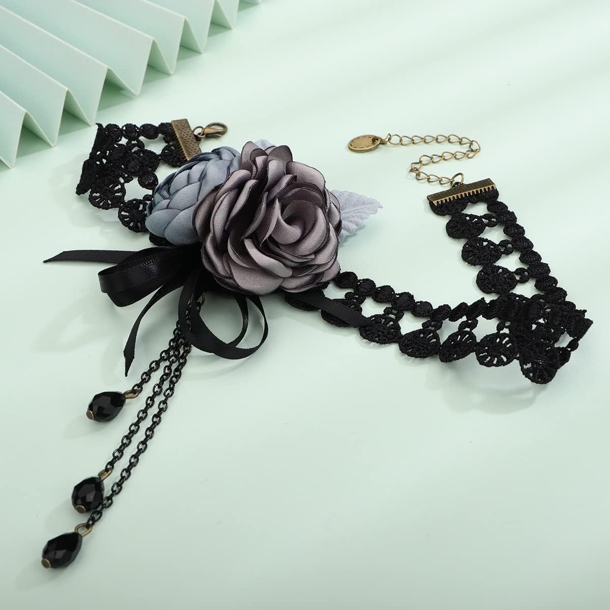 Xerling Elegant Flower Choker Necklace Black Lace Ribbon Choker Vintage Victorian Costume Necklaces for Bridal Wedding Crystal Beads Pendant Necklaces for Women (Type C) - Image 6