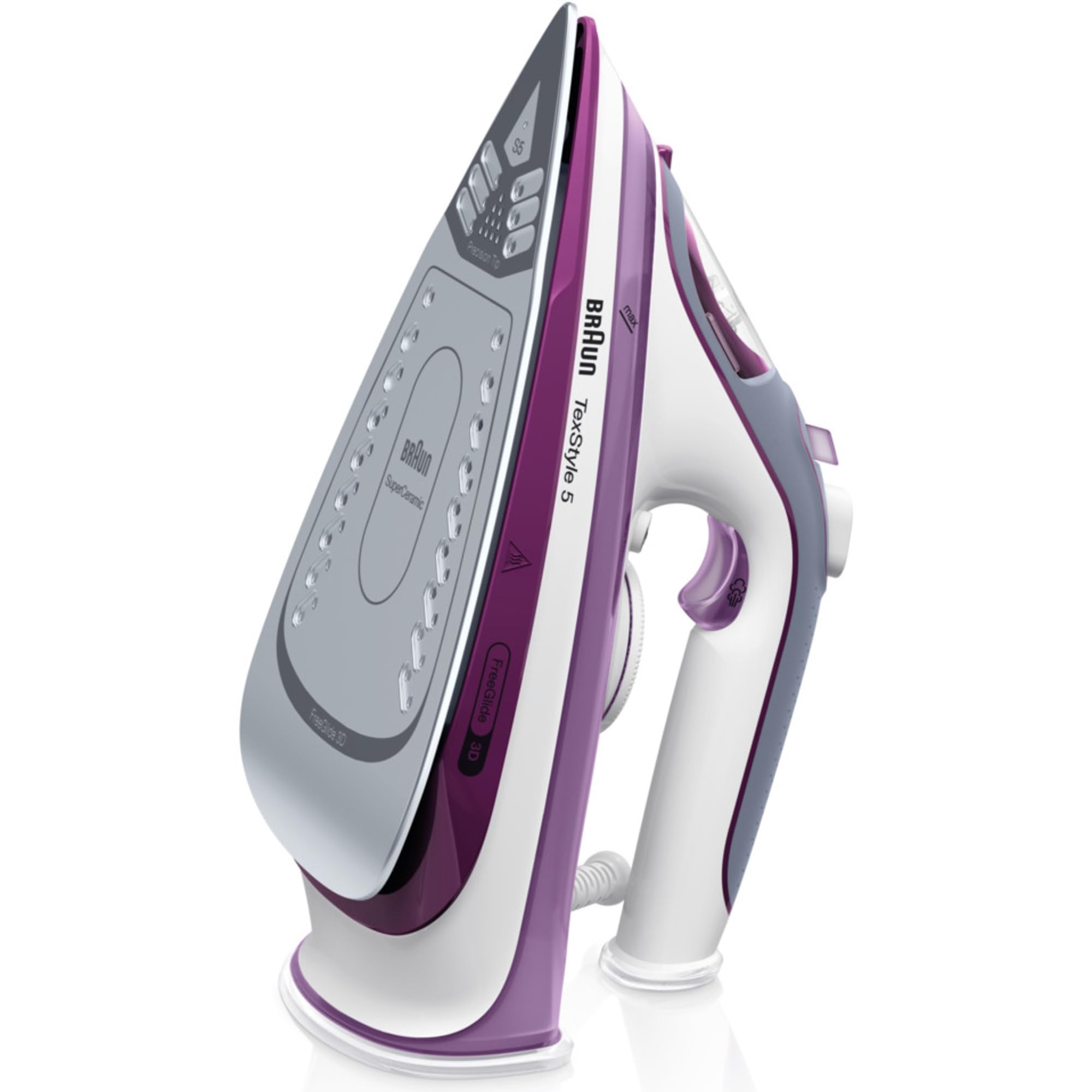 Braun TexStyle 5 SI 5037 VI żelazko parowe z stopą żelazka 3D Freeglide, pionowa para, 2700 W, uderzenie pary 200 g/min, zbiornik na wodę 330 ml, fioletowe