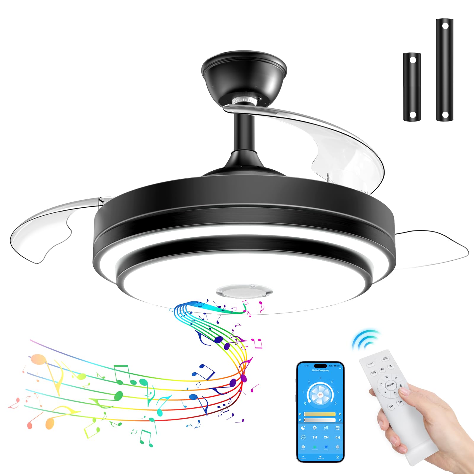 FIMEI 42.13'' Ventilador de Techo con Luz, Ventilador de Techo con Aspas Retráctiles con Audio Bluetooth, Control Remoto y Aplicación, 6 Velocidades Reversibles y 3 Temperaturas de Color