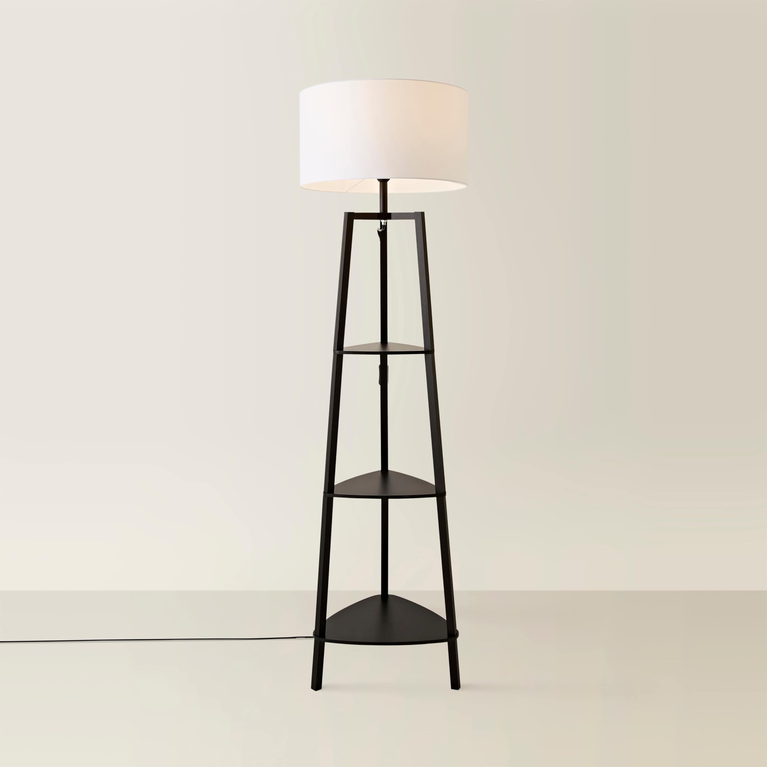 MiniSun | Black Wooden 3 Tier Floor Standard Lamp with Storage Shelves Bedroom Living Room Lounge Light - White Shade | Floor Lamps & Home Improvements Essential
