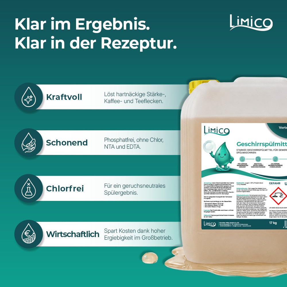 Geschirrspülmittel - 17 kg Geschirrreiniger Sparpaket für gewerbliche Spülmaschinen - Spülmittel für Gastronomie, Kantinen & Catering - kraftvoll gegen starke Verschmutzungen