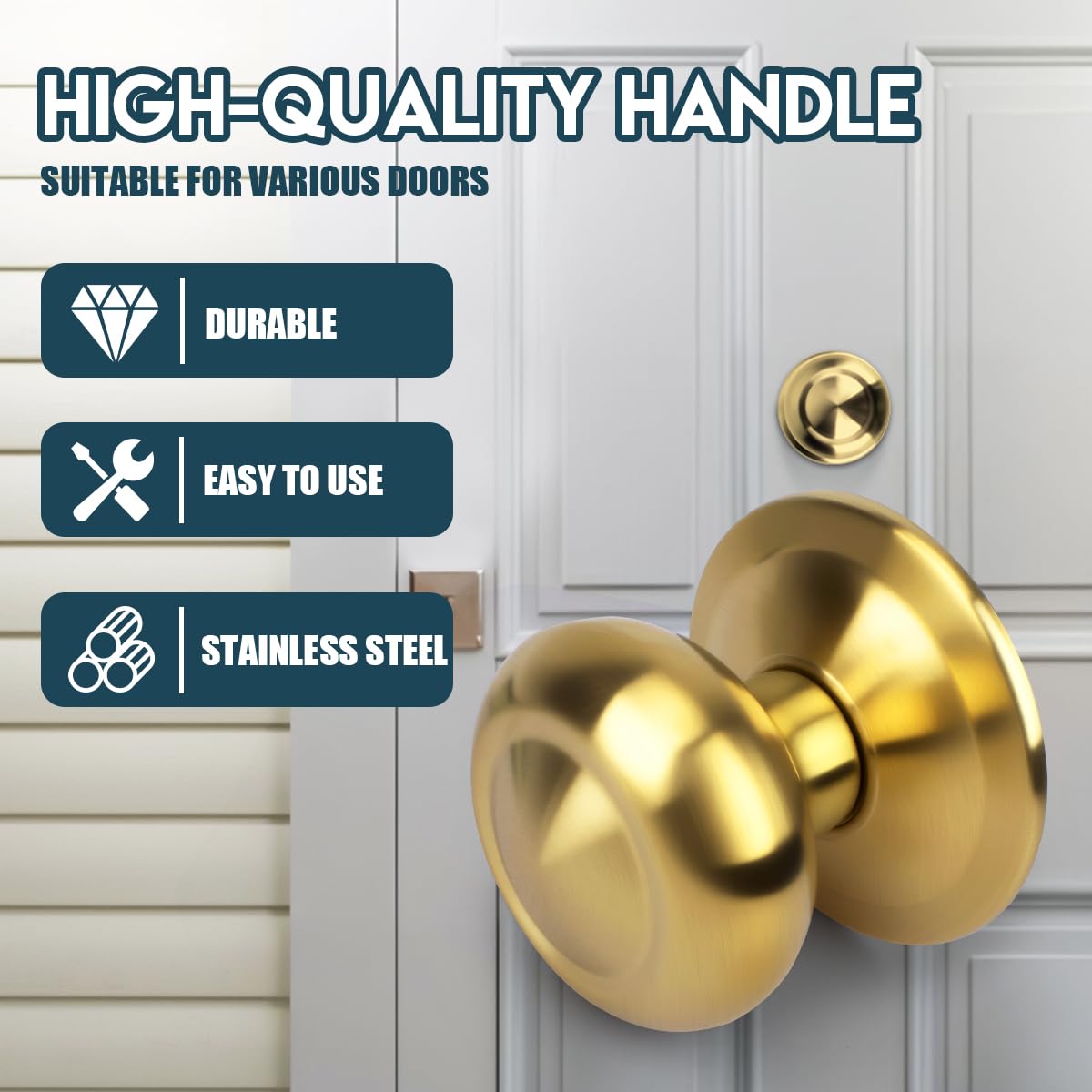 70mm 2 Pieza Oro cepillado PVDB Manijas de puerta esféricas redondas de acero inoxidable de grado aeroespacial de estilo español. Adecuadas para todas las puertas interiores y exteriores.