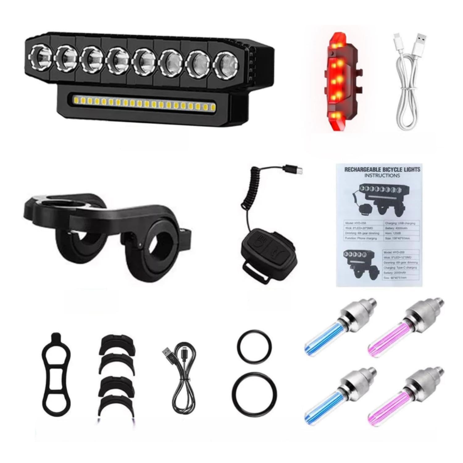Set di Luci per Bici Ricaricabili con 11 Modalità Illuminazione Funzione Bank da 4000mAh Campana 130dB IP65 Perline LED Ultra Luminose Ciclismo e Attività