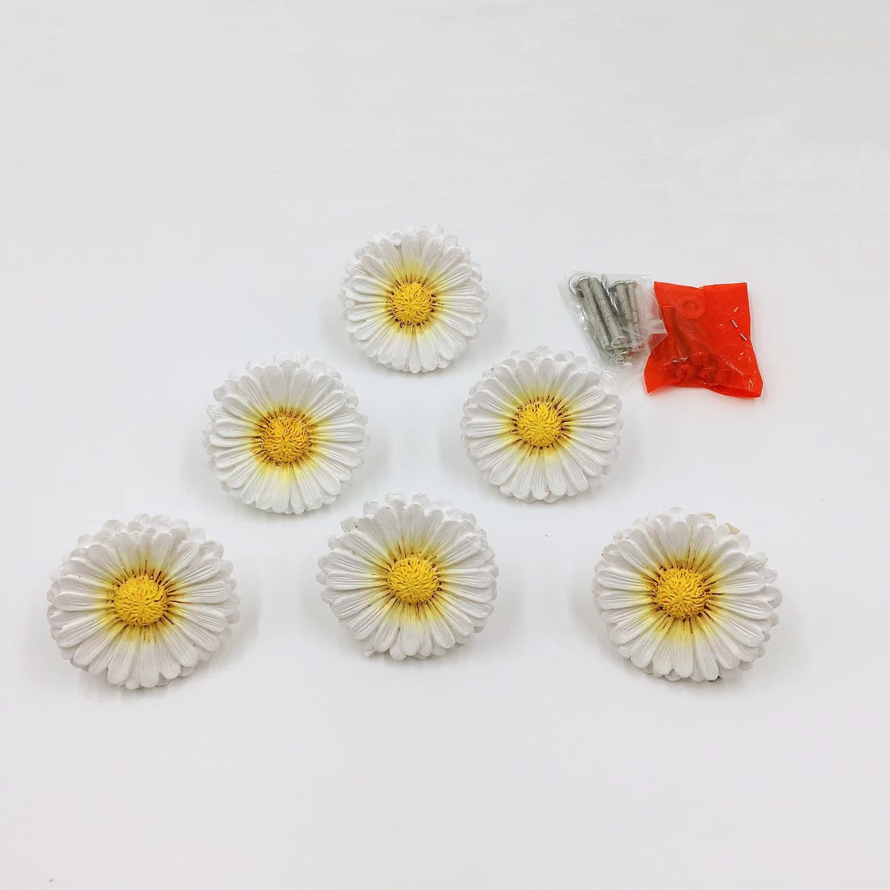 Amyoxu Daisy Vintage Resin Hand Painted Drawer Pulls Cabinet Knobs Handles Country Kitchen Home Decoration White (Pack of 6)