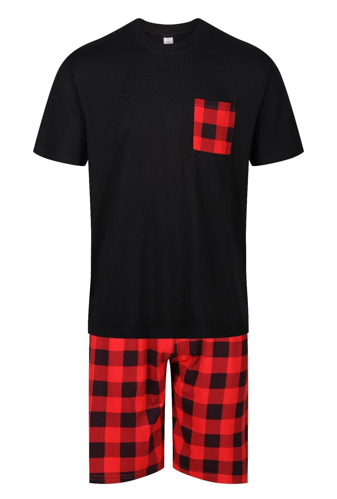 North East Mens Short Pyjamas PJ Set Premium Sleep Lounge Tartan Plaid Nightwear M-XXL New (PP Plaid Blk Red XXL)