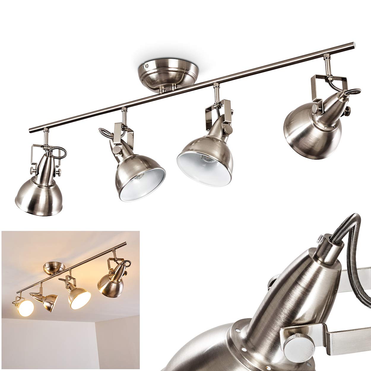 Tina Ceiling lamp, Metal Ceiling lamp in Nickel matt/White, 4-Flame, with Adjustable spotlights, 4 x E14 Socket, Retro/Vintage Design spot, Without Bulbs