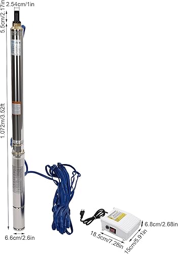Miniatura 4 de Bomba sumergible de 2.5 pulgadas, bomba de pozo profundo de 0.75 HP0.55 KW 110 V, elevación máxima de 196 pies11.9 GPM con caja de control y cable