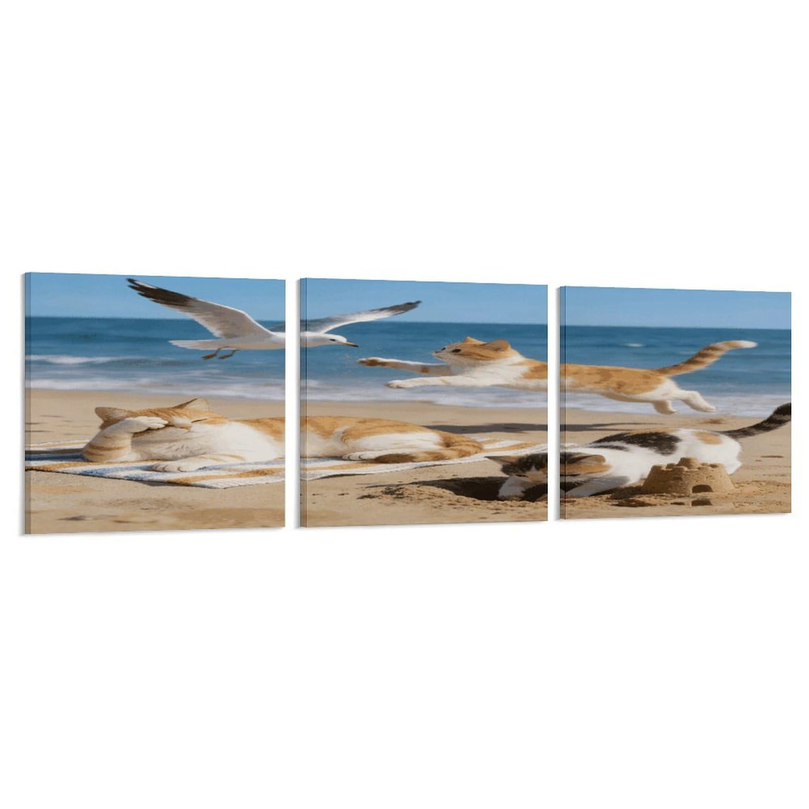 Khauerbc Style Set Of 3 Beach Cat Fun Wall Art，Paintings Artwork For Living Room, Hallway, Bedroom, Office Wall Decor For Living Room, Hallway, Bedroom, Office Paintings Artwork 8X8 Inch
