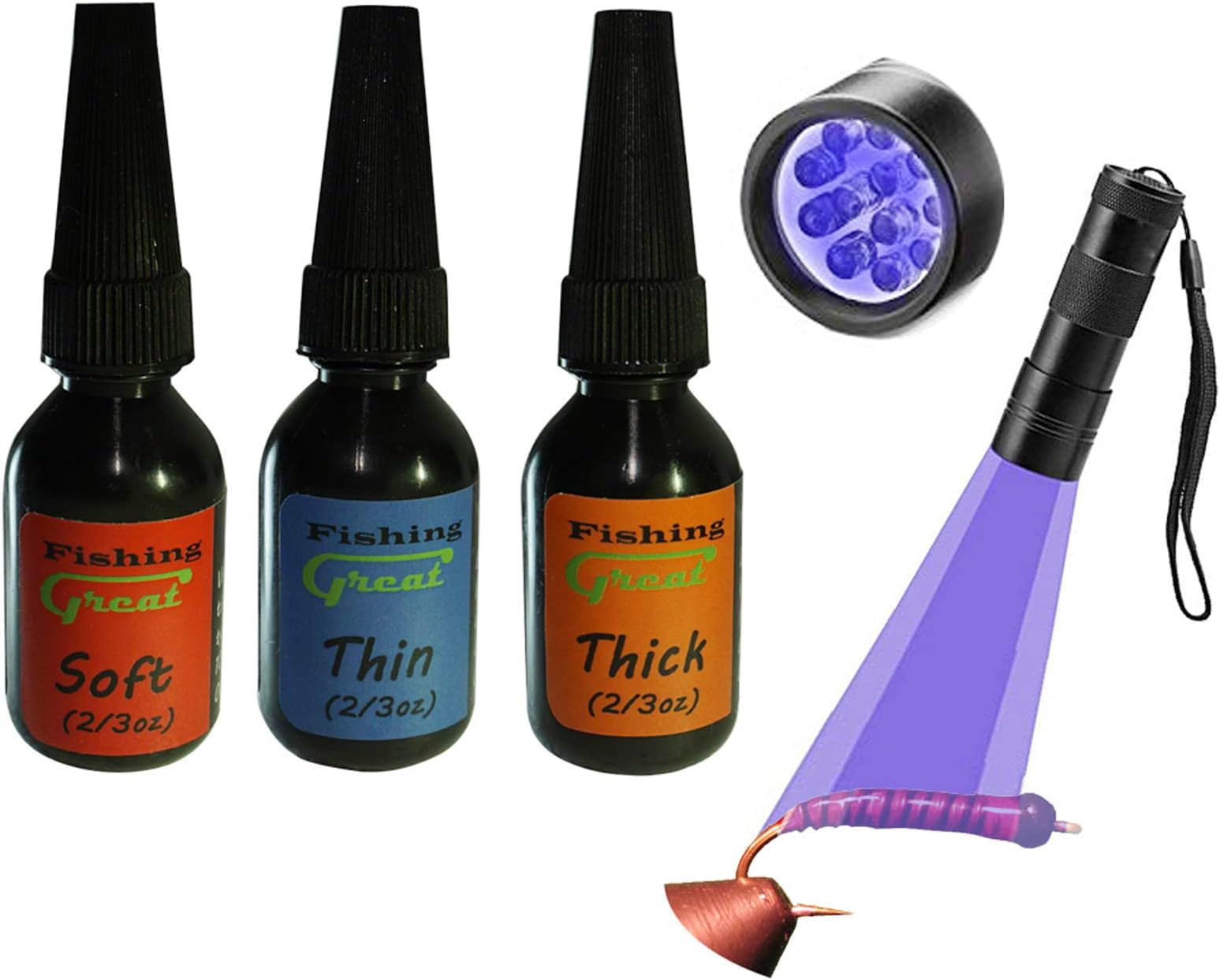 GREATFISHING Fly Tying UV Clear Glue and Power Light Combo Three Bottles Thick Thin and Soft +12 LED Light for Building Flies Heads Bodies Wings and Gluing Eyes