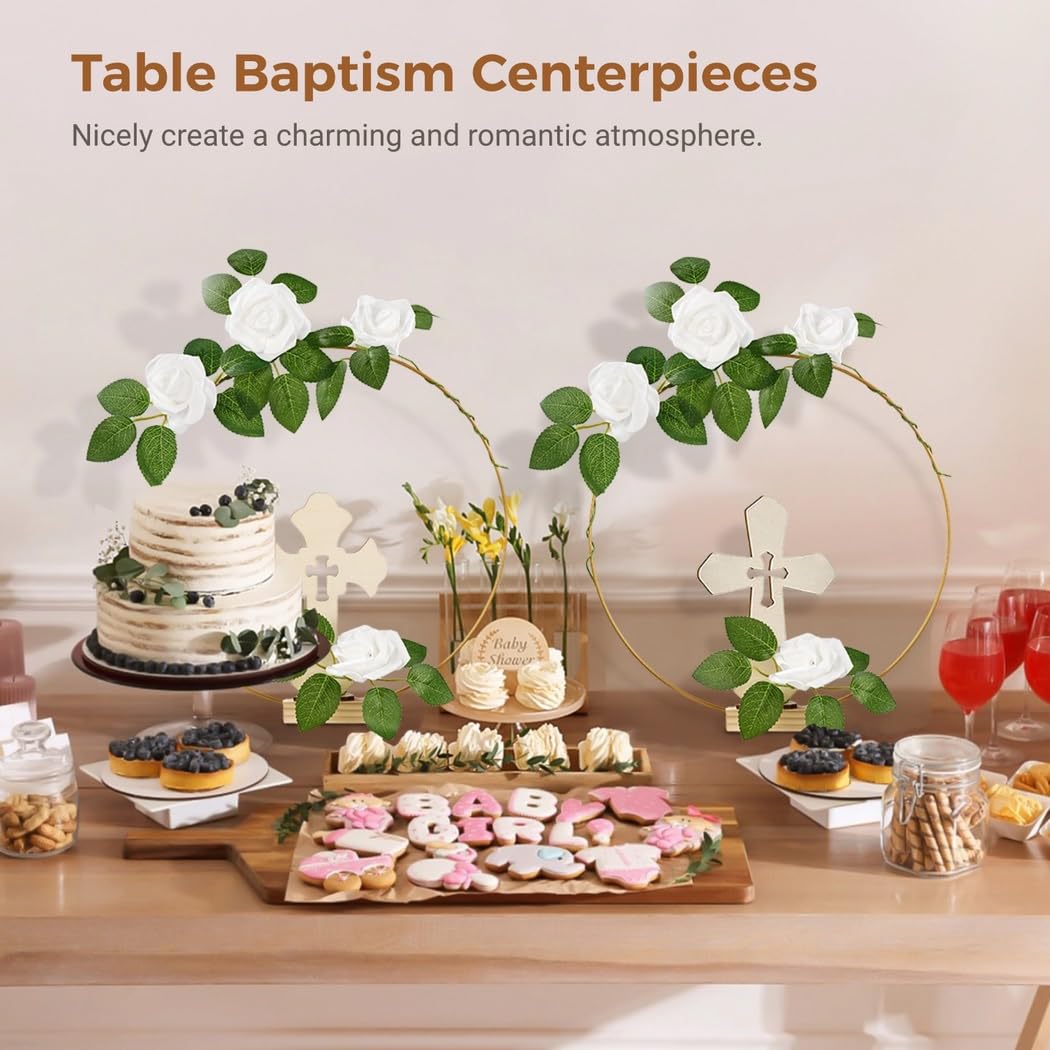 8 aros florales de metal dorado con soportes, 8 cruces de madera de pie, 48 rosas de espuma de tallo y hoja, 64 piezas de decoración de mesa de boda, centros de mesa de fiesta