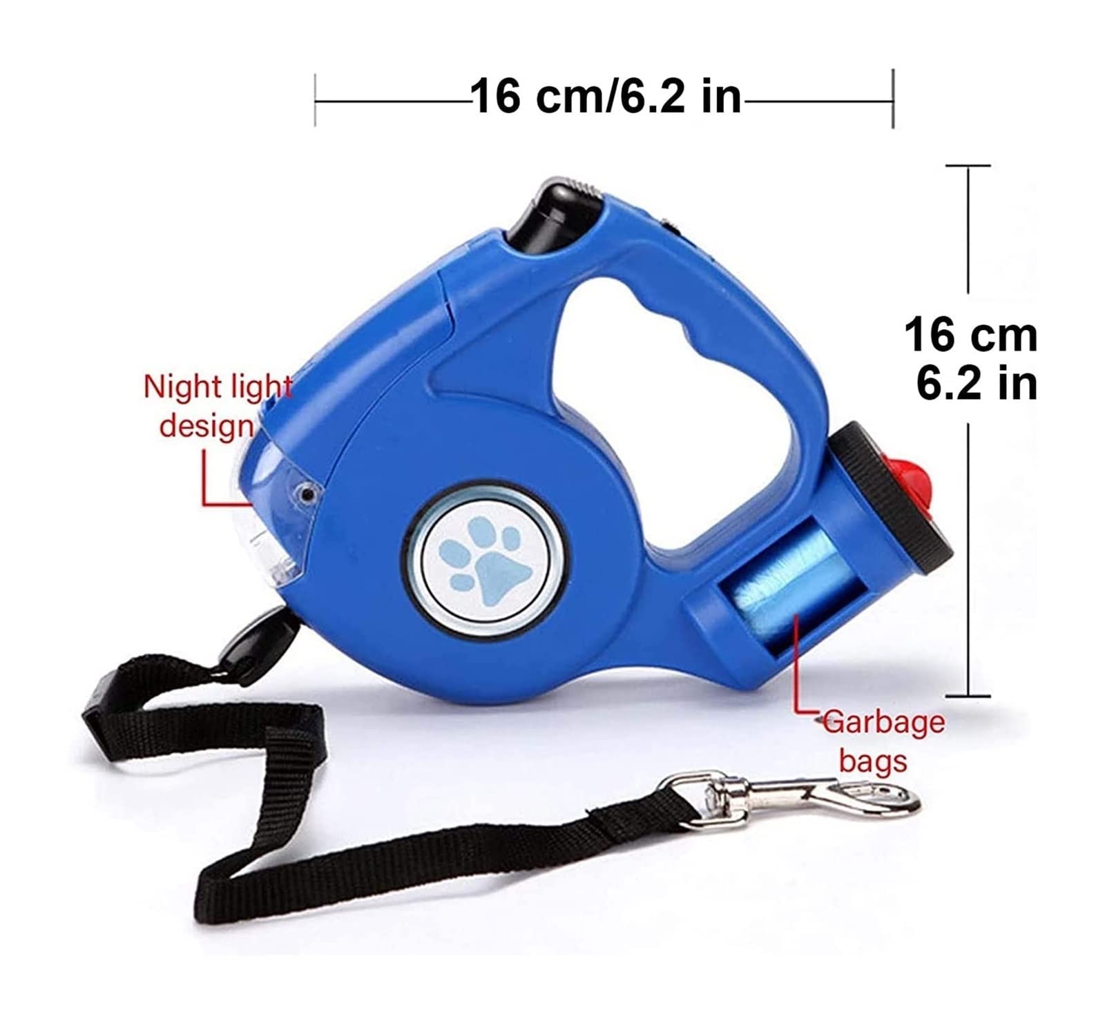 GOUJIAN Einziehbare Hundeleine Mit Heller LED-Taschenlampe Und Abfallbeutel, 360 ° Verwicklungsfrei 16 Fuß Schwere Hundeleine Griff Für Kleine Mittelgroße Hunde Dog Leash | Blue