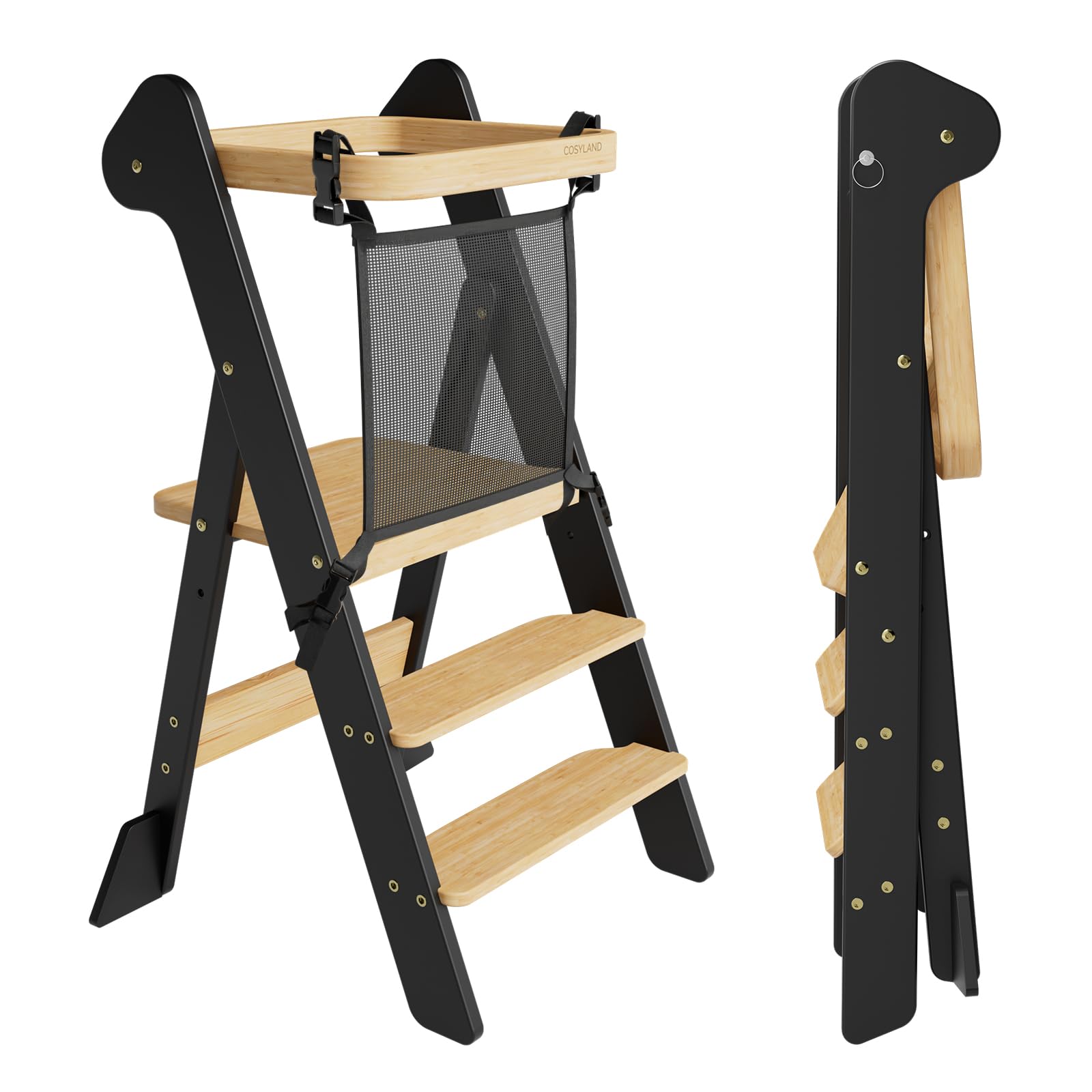 COSYLAND Torre de Aprendizaje Plegable Desde 1 Año – Premio iF Design, Torre Montessori con Red de Seguridad y Altura Ajustable, Ideal para Cocina y Baño, Foldi (Negro y Natural)