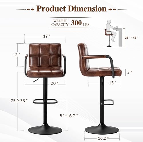 Miniatura 3 de Furniliving Juego de 2 taburetes de bar de cuero, taburetes de bar hidráulicos ajustables giratorios de 360 con reposabrazos, sillas de bar de