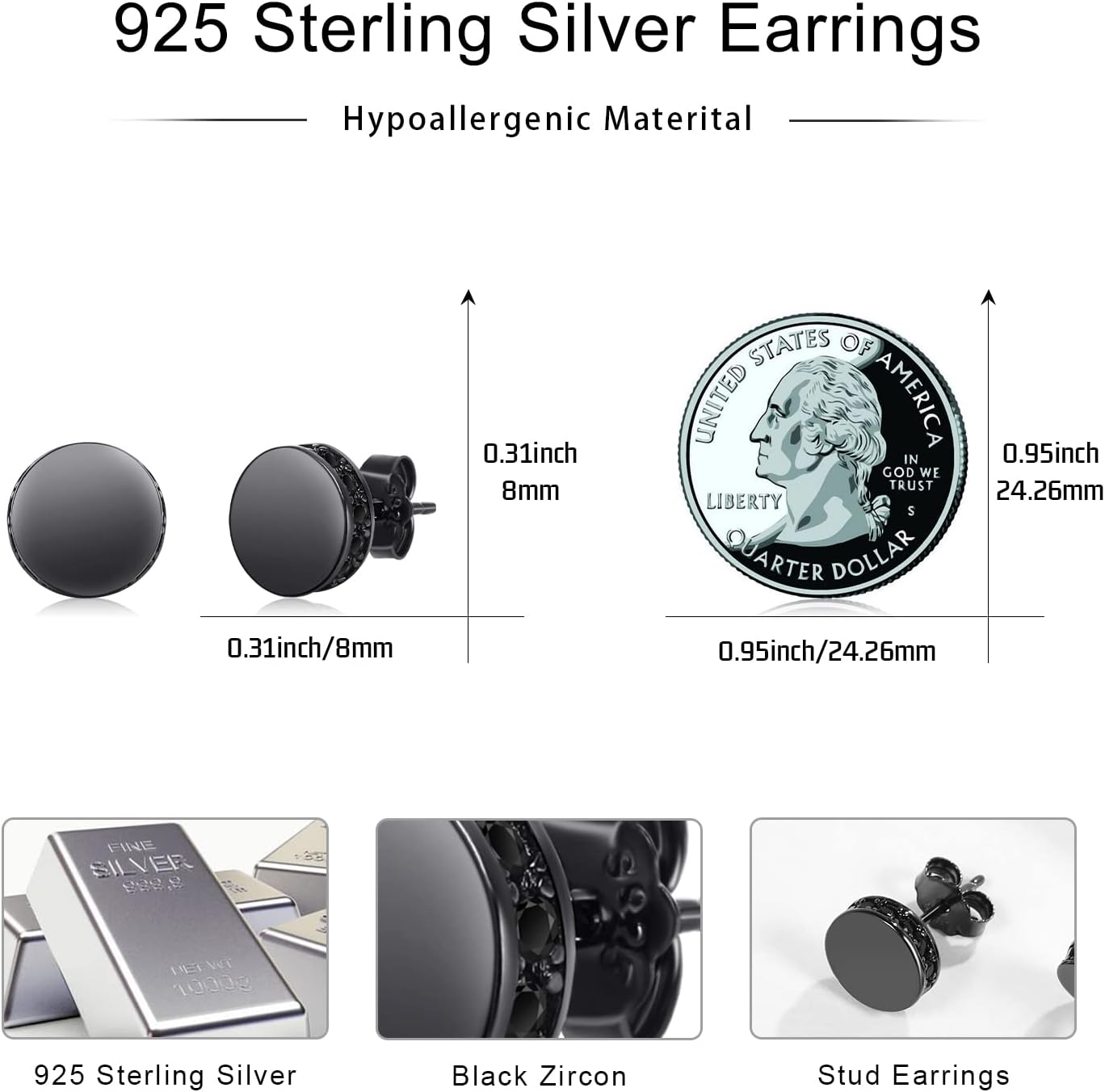 Stud Earrings 925 Sterling Silver Stud Earrings for Mens Womens Pierced Mens Earrings Jewelry Gift for Father's Day Gifts