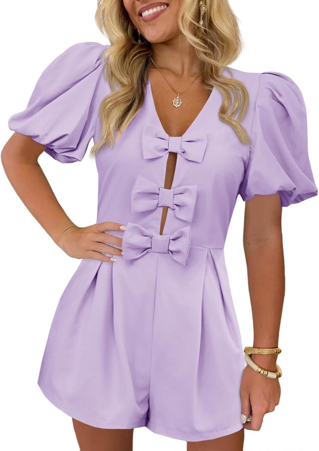 Cicy Bell Womens Cute Rompers Bow Front Puff Sleeve V Neck Short Jumpsuits Sexy Summer Outfits with Pockets