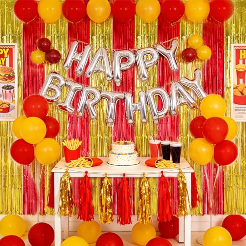 Image of TONIFUL Red and Gold Fringe Backdrop Curtain 2026 Nurse Graduation Party 2Pcs 3.3 x 6.6ft Metallic Tinsel Foil Fringe Photo Booth Backdrop Door Streamers for Prom Birthday Retirement Party Decorations