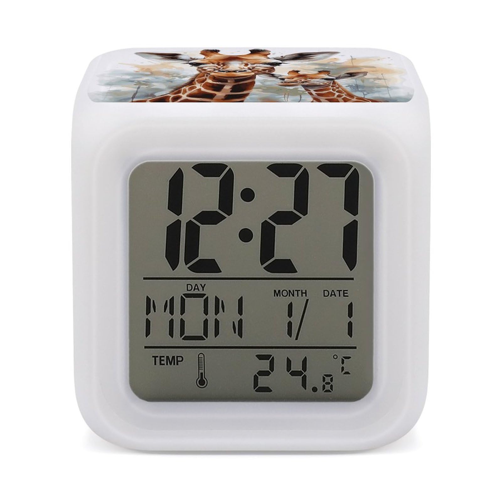 VstaDank Watercolor Deer Giraffe Alarm Clock with 7 Color Changing Night Light Date Temp Display Wake Clocks LED Display Digital Clock Electric Desk Clocks for Living Office Bedroom Decor