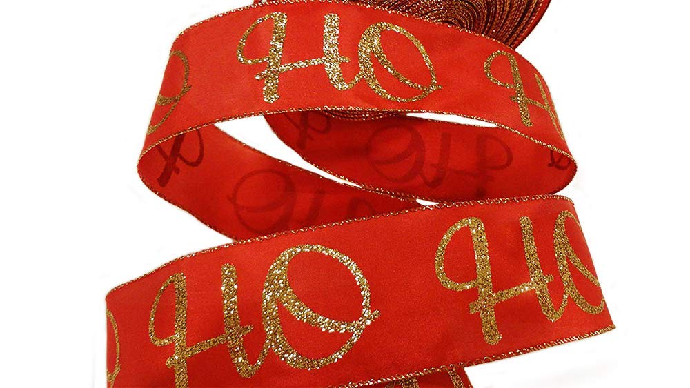 Sam's West 2.5" Wide x 10 Yards Designer Wired Ho Ho Ho Christmas Glitter Printed Holiday Cartoon Ribbon Perfect for Christmas Trees, Wreaths, Garlands, Bows and More! Santa Claus Themed