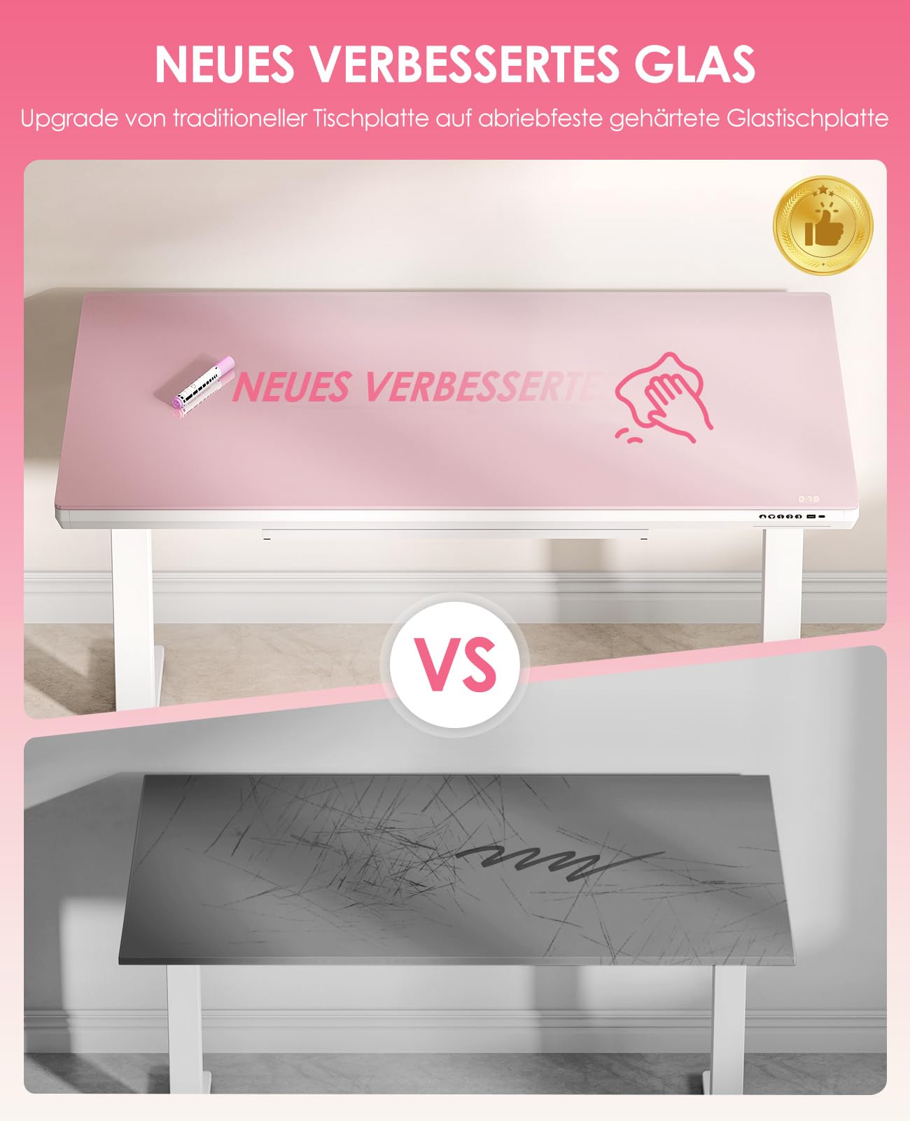 OffiGo Glas Höhenverstellbarer Schreibtisch, 140 x 60 cm Elektrischer Schreibtisch mit Schublade, Ganze Tischplatte mit USB und Type-C, Standing Desk, Steh-Sitz Glastisch für Home Office Büro, Rosa
