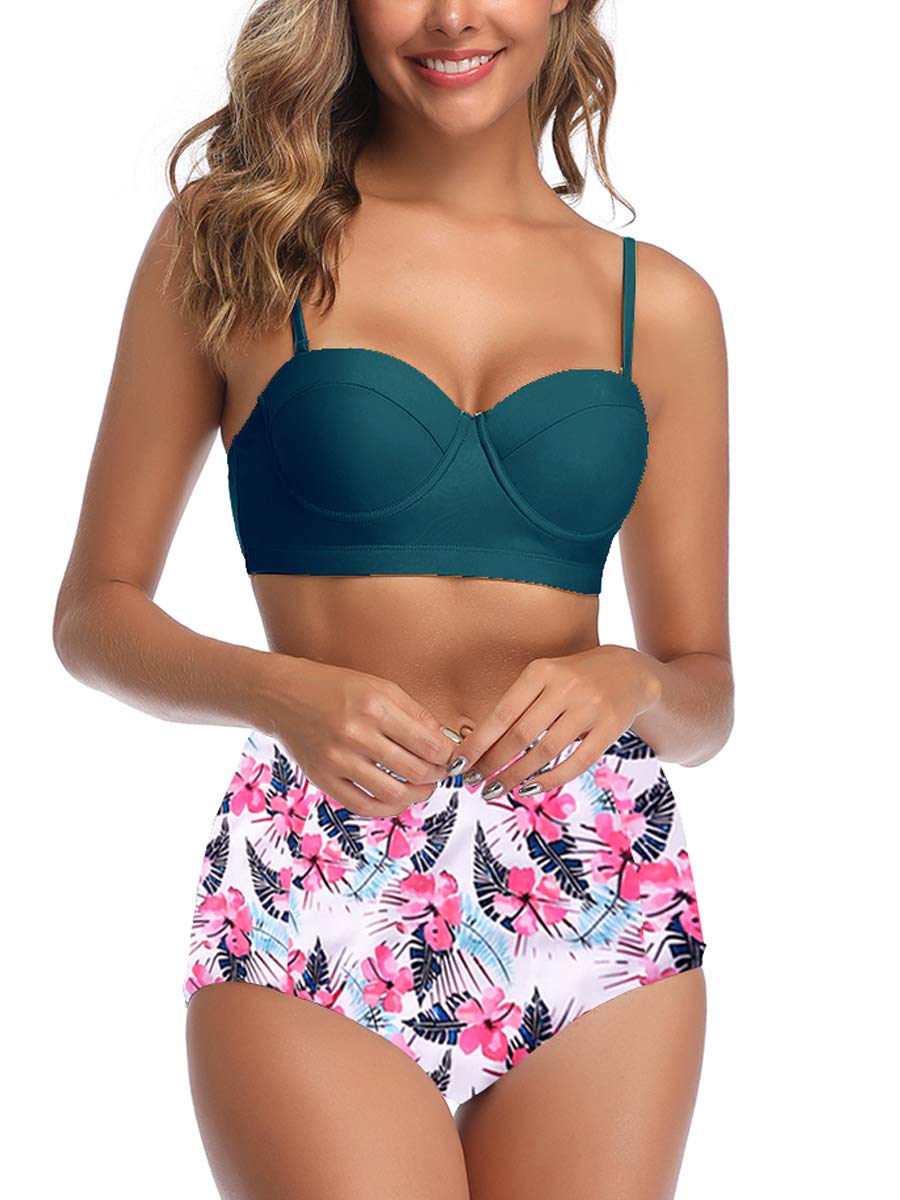 Women Halter Bikini High Waist Underwire Polka Dot Tummy Control Swimsuits