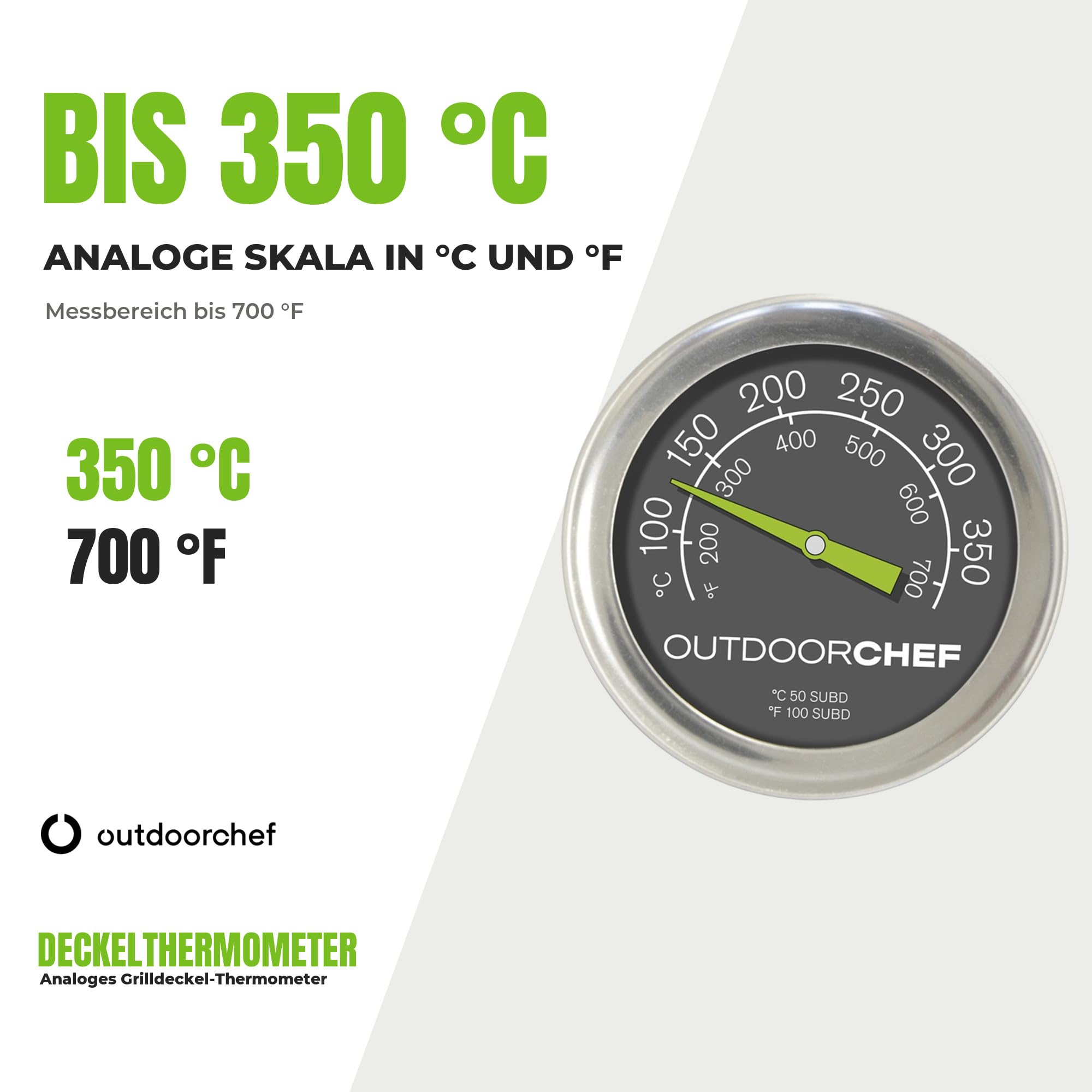 Outdoorchef 400 °C'ye kadar mangal termometresi, klasik kapak termometresi, ekstra büyük kadranlı