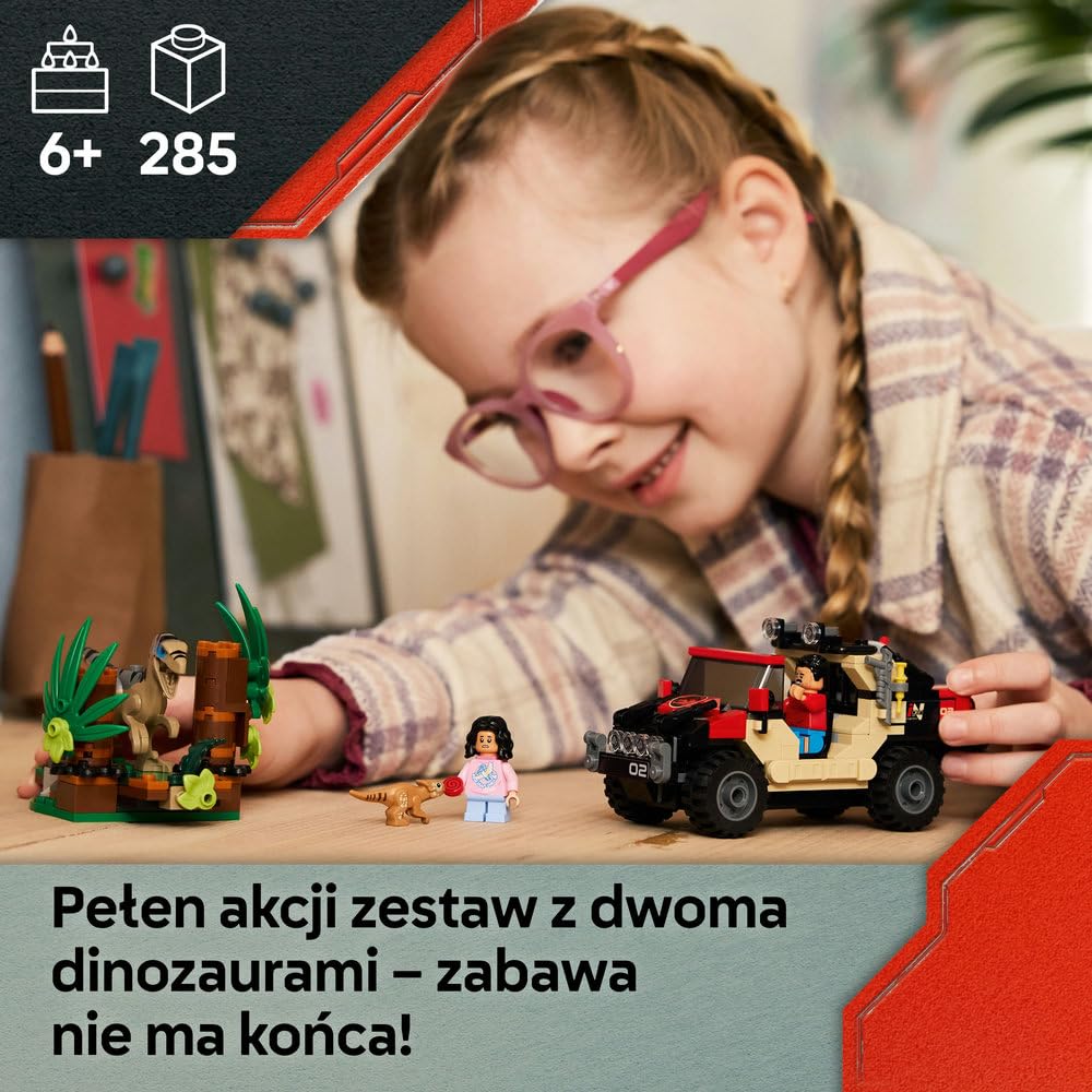 LEGO Jurassic World Ucieczka terenówką przed raptorem, zabawka dla dziecka, dla chłopca i dziewczynki, figurka welociraptora, pomysł na prezent dla miłośników dinozaurów w wieku od 6 lat 76972