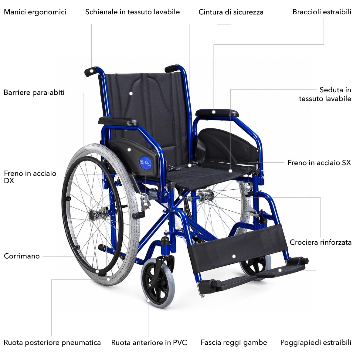 AIESI® Sedia a Rotelle pieghevole leggera per disabili ed anziani AGILA EVOLUTION, Cuscino antidecubito in gel, Braccioli e poggiapiedi estraibili, Cintura di sicurezza, Garanzia Italia 24 mesi