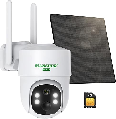 Manshur® Cámara de seguridad celular 4G LTE inalámbrica para exteriores, cámaras sin WiFi necesita 360 ° PTZ 2K/3MP visión nocturna a color,