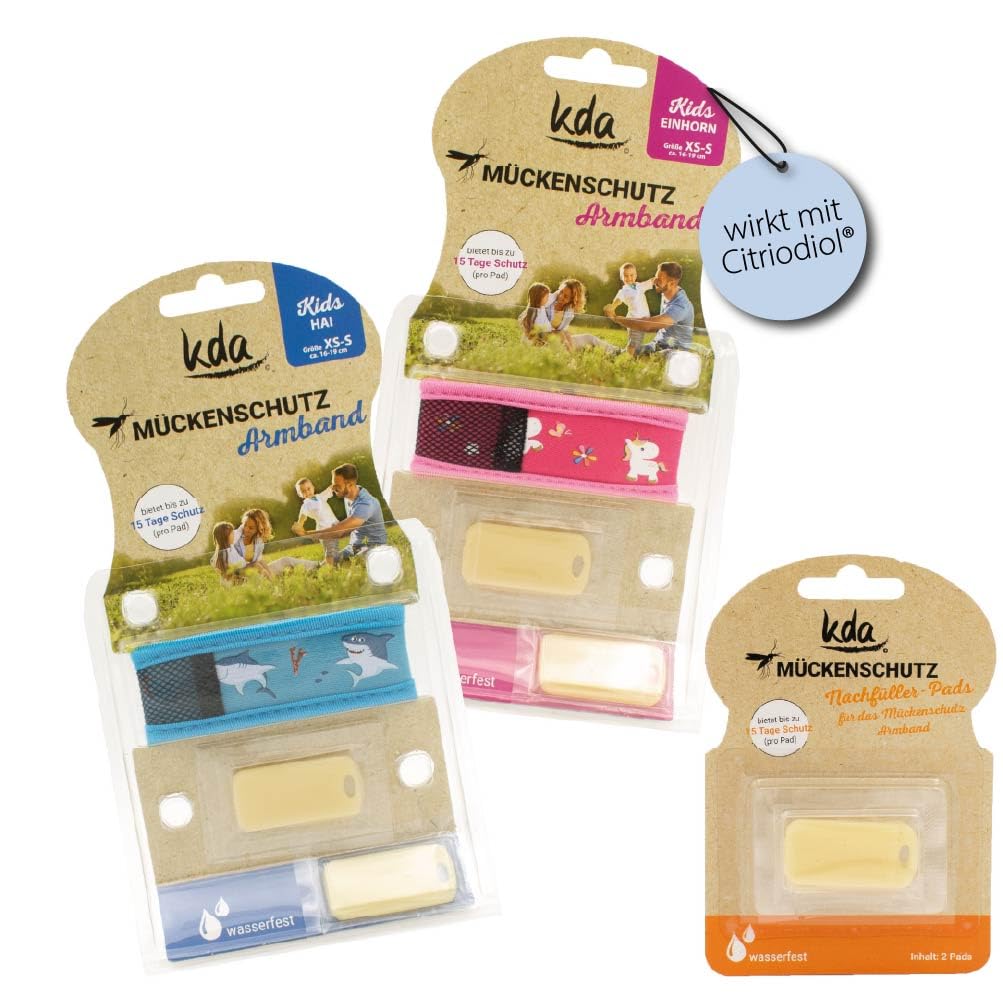 kda Mückenschutz Armband Sparset - 2 Armbänder mit gratis Nachfüller - Nachfüllpack Mückenarmband Sommer Sonne Camping (Einhorn-Hai)