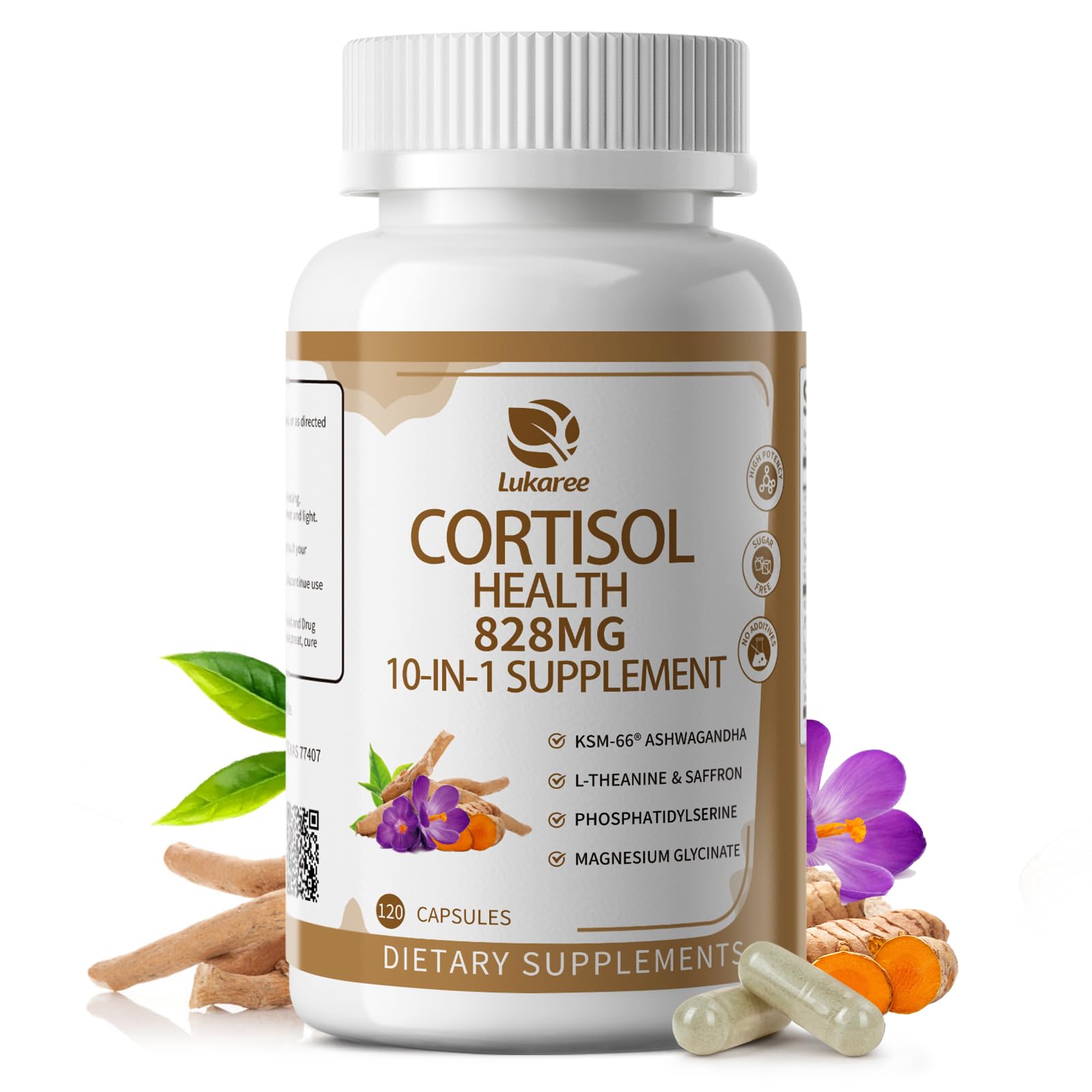 10-IN-1 Cortisol Supplements w/ KSM-66® Ashwagandha 300mg + L-Theanine 250mg, Magnesium Glycinate, Saffron, Phosphatidylserine, Turmeric & Vitamin C D3 B6 B5, For Women Men, 120 Capsules 60-Day Supply