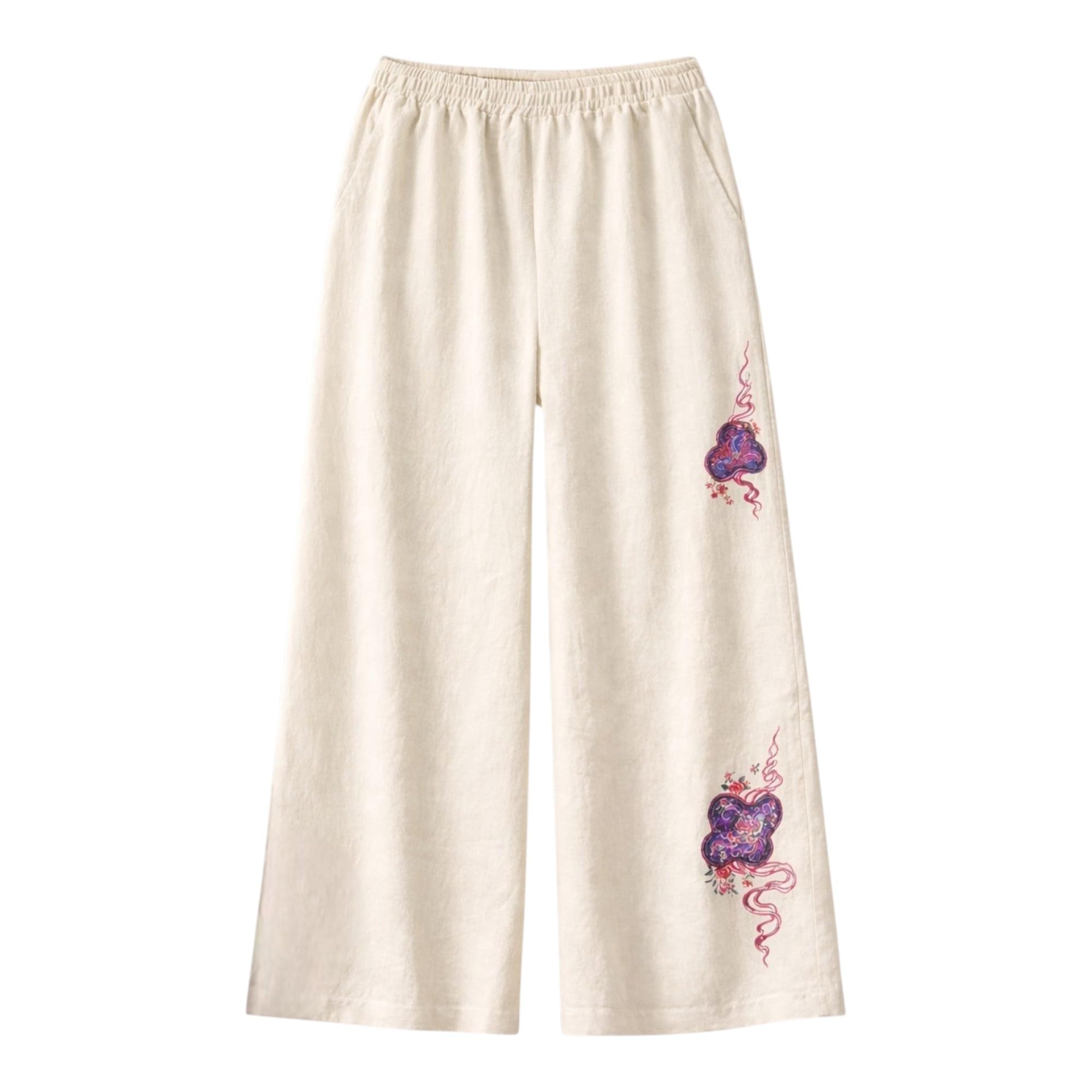 lirit Women's Cream High Waist Flair Pants with Purple Floral Placement Print Wide Leg Relaxed Fit Full Length Casual Lounge Trousers-picture-47