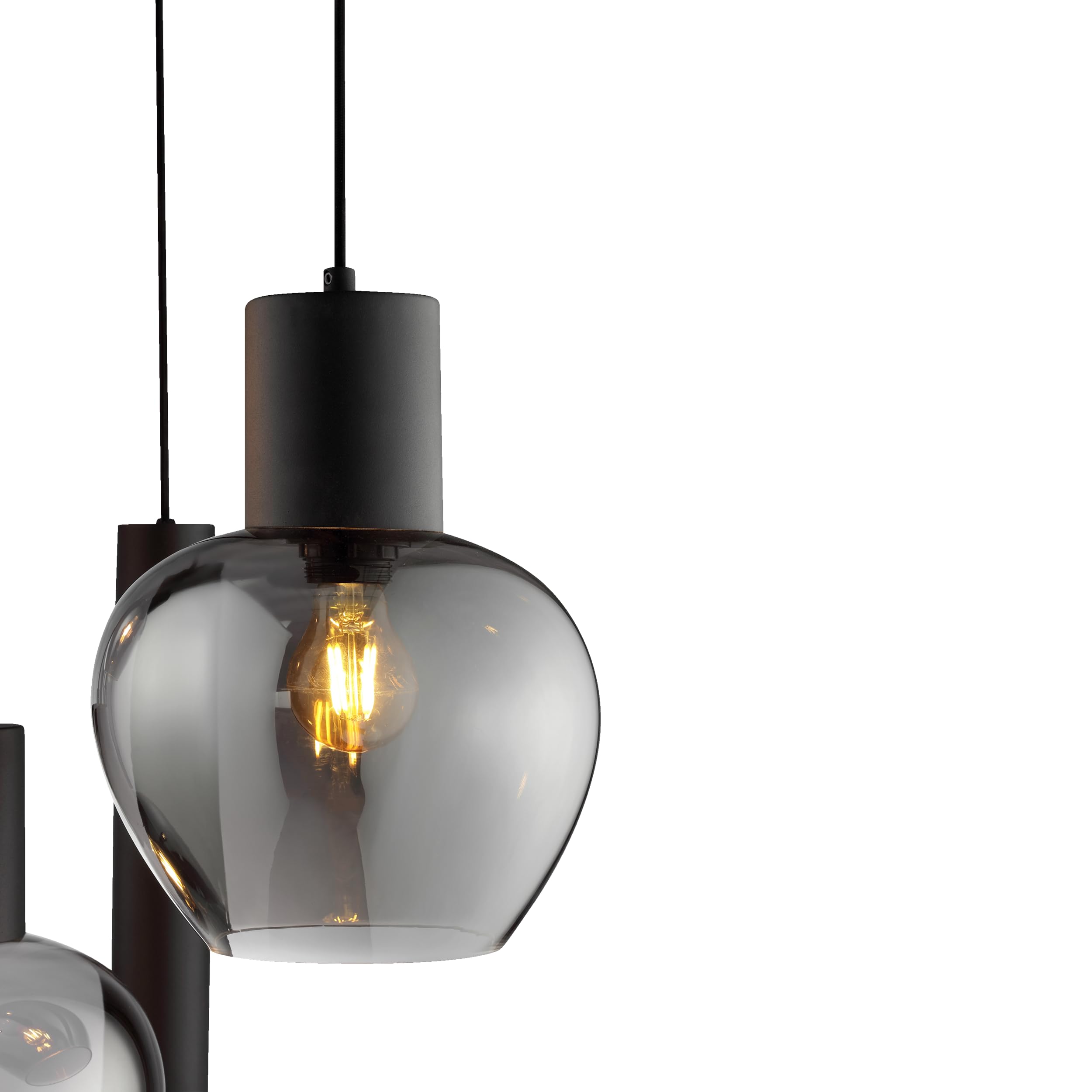 Lightbox Pendelleuchte, 5-flammig, 3 x E27 und 2 x GU10 Fassung, Ø 68 cm x 150 cm, dimmbar, Kabel kürzbar, Aluminium und Rauchglas, schwarz rauchfarben, modern Glamour, Wohnzimmer Esszimmer