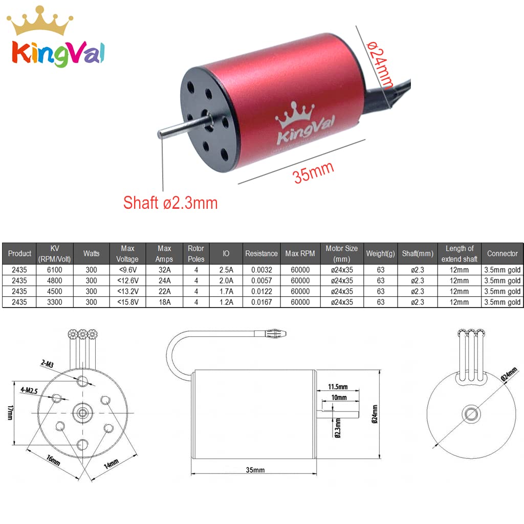 KingVal Replacement 2435 6100KV Waterproof Brushless Motor Shaft 2.3mm with 35A Brushless ESC Compatible with 1/16 1/18 RC Car