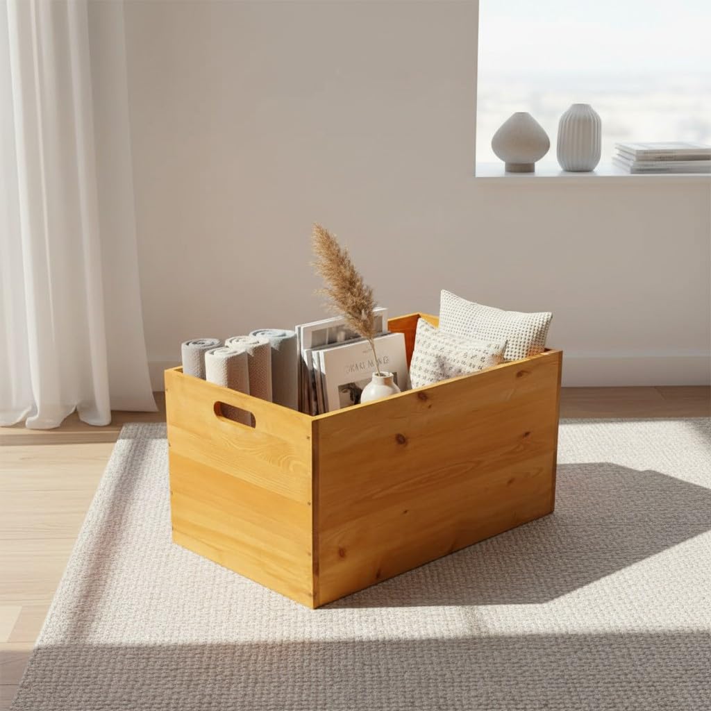 weeco Holz-Aufbewahrungstruhe mit Rollen, 73 x 45 x 40 cm, Kiefernholz, Eichenfarbe, Multifunktionale Lagerkiste für Kaminholz, Spielzeug, Decken