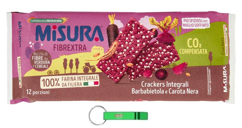 Misura Fibrextra Crackers Integrali - 12 galletas integrales ricas en fibra con remolacha y zanahoria negra, paquete de 385 g + llavero Beni Culinari gratis