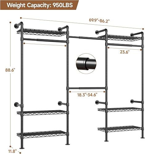 Miniatura 2 de P3 - Sistema industrial de armario de tuberías, estantes de ropa montados en la pared con 4 varillas telescópicas y 6 estantes de malla, perchero