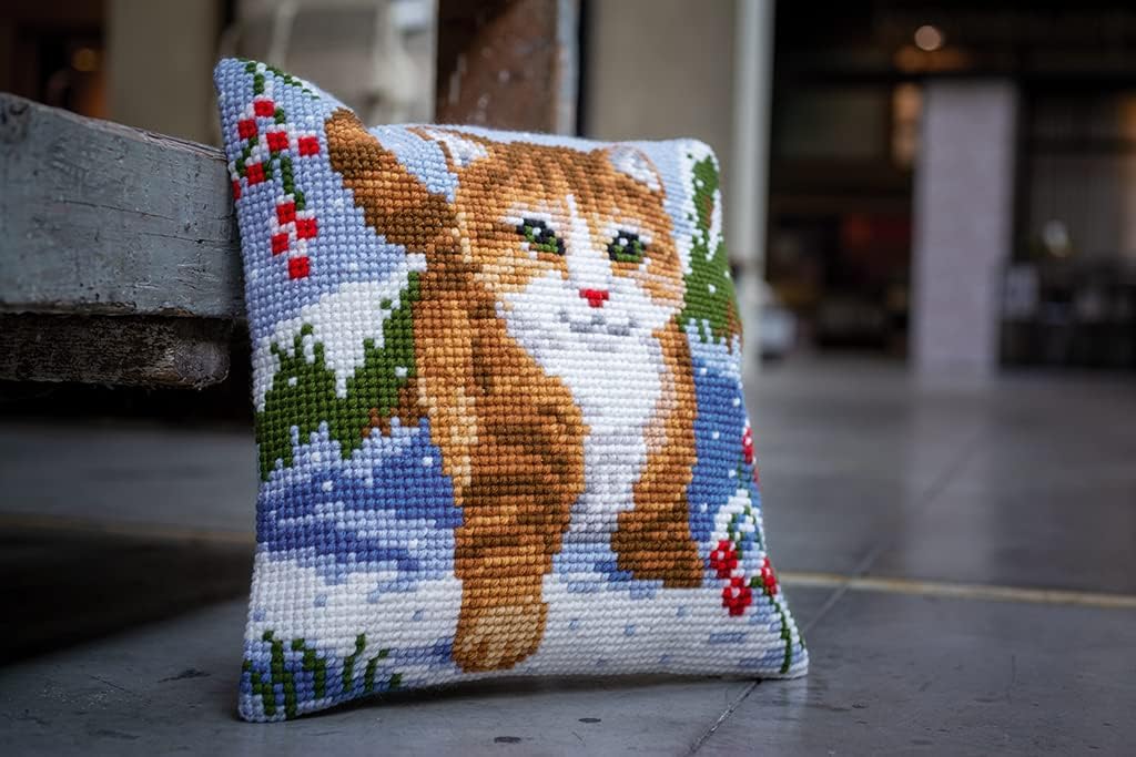Vervaco Cross Stitch Embroidery Kits Pillow Front for Self-Embroidery with Embroidery Pattern on 100% Cotton and Embroidery Thread, 15,75 x 15,75 Inches - 40 x 40 cm, Cat Snow