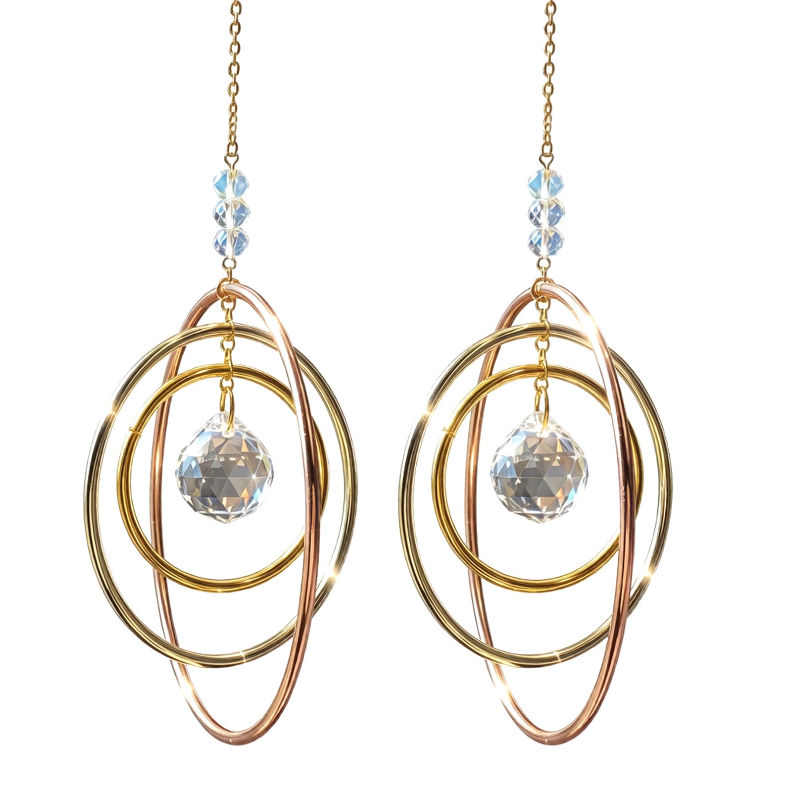 Sun Catchers, Sun Catchers for, 2Pcs Crystal Suncatchers with Rotating Rings, Golden Hanging Ornament for Car & Home Decor, Creates Dreamy Rainbow Lights