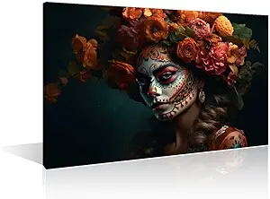 1 Pieces Sugar Skull Makeup Wall Art Girl Sugar Skull Posters Wall Art for Living Room Sugar Skull Girl Pictures Modern Artwork Print on Canvas Stretched and Framed Ready to Hang (24