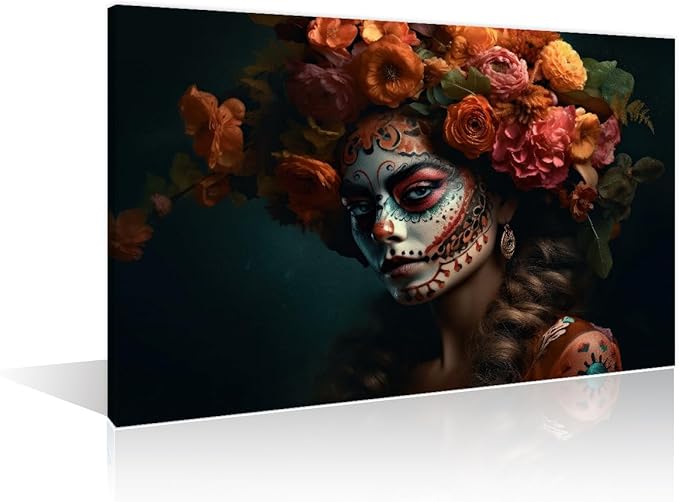 Wall Art Decor Day of the Dead Makeup Canvas Wall Art Girl Sugar Skull Art Prints Home Decor Pictures Wall Art Paitings Giclee Wooden Framed Gallery-Wrapped Ready to Hang (12