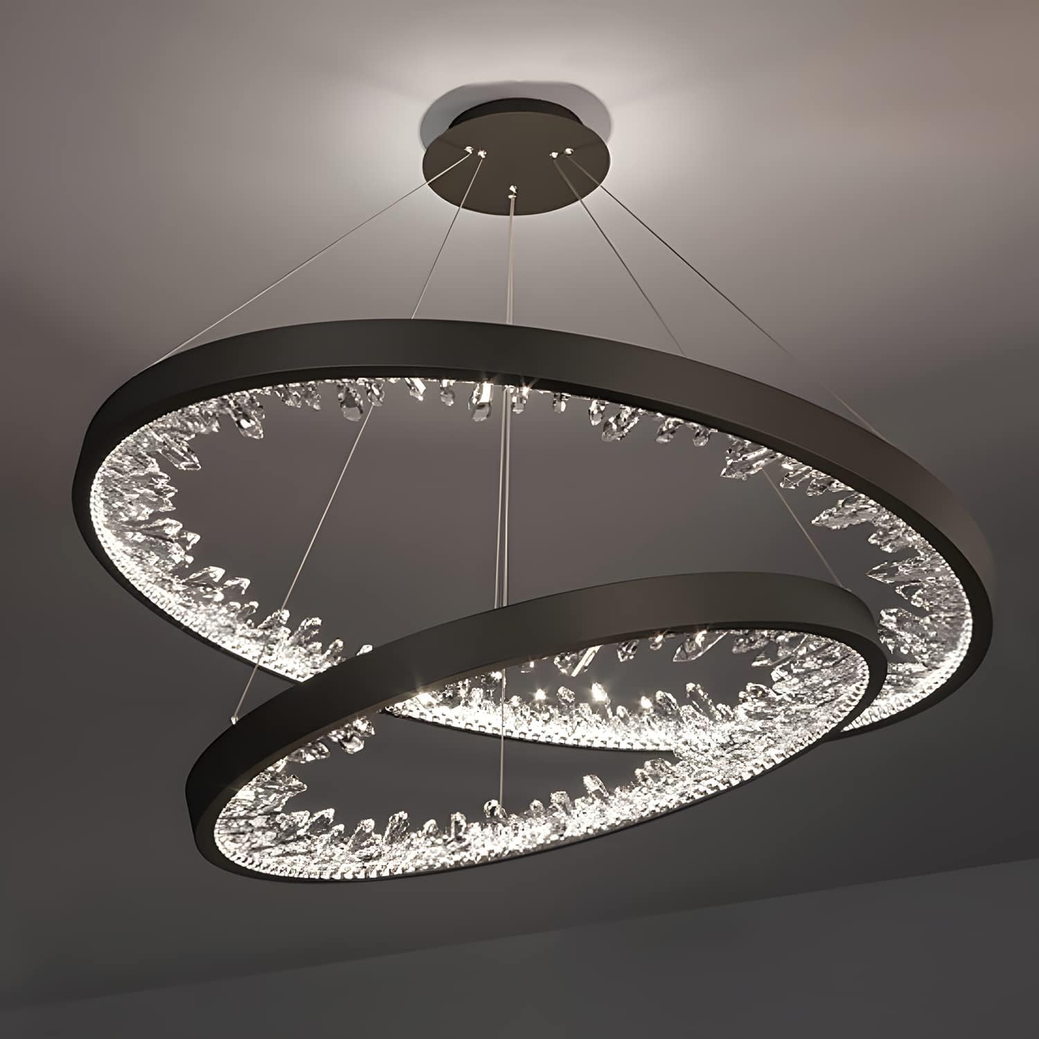 Plafond suspension lumière 2 anneaux LED cristal doré dimmable pour salon et chambre