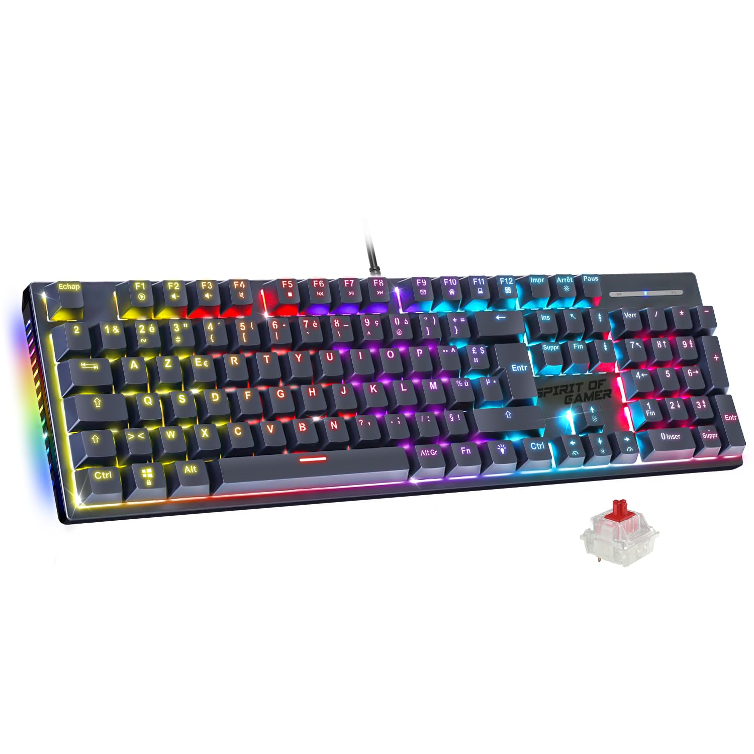 Spirit Of Gamer XPERT K250, teclado mecánico AZERTY Swtich rojo, 17 modos de retroiluminación RGB, tecnología N-Key Rollover de 26 teclas antighosting, conexión por cable, 2 interruptores incluidos,