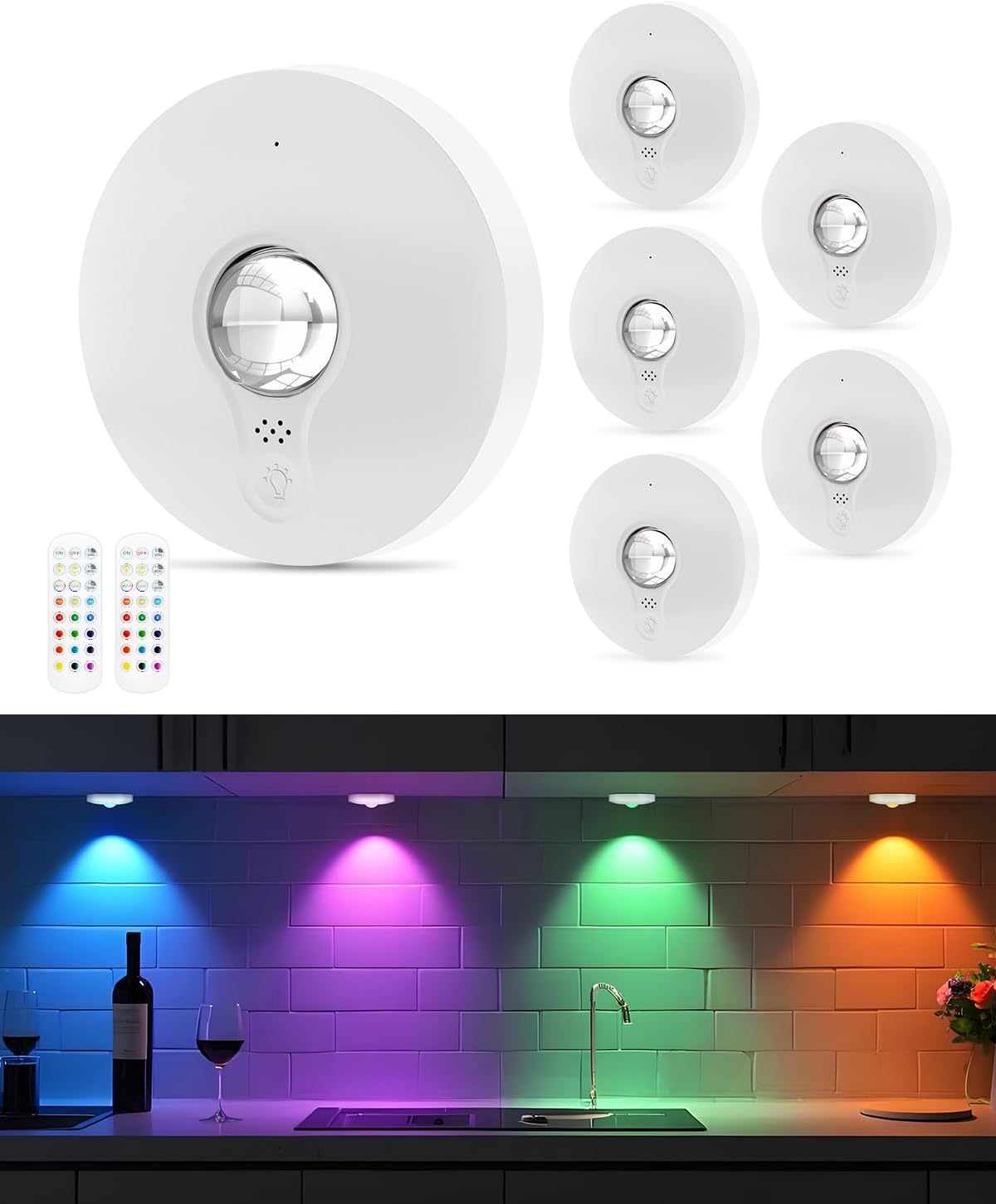 Rechargeable RGB Puck Lights with Remote Control, 1500mAh Battery Operated Push Lights, Dimmable & Timer Under Cabinet Lighting for Closet, Bedroom, Kitchen White 6Pcs