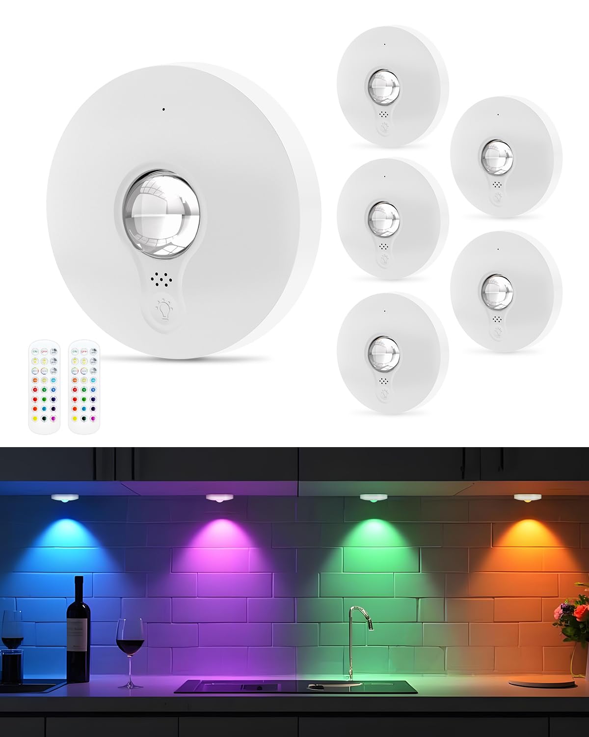 WUYOR USB Aufladbar LED Spots Akku mit Fernbedienung, RGB Farbwechsel Unterbauleuchte, Magnetisch Dimmbar LED Schrankbeleuchtung, Kabellos Vitrinenbeleuchtung mit Timing Funktion Weiß (6er Pack)