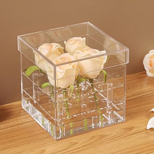 Miniatura 2 de Cabilock Caja acrílica para agua, 9 agujeros, color rosa, transparente, soporte eterno, con forma cuadrada, arreglos florales, jarrón para