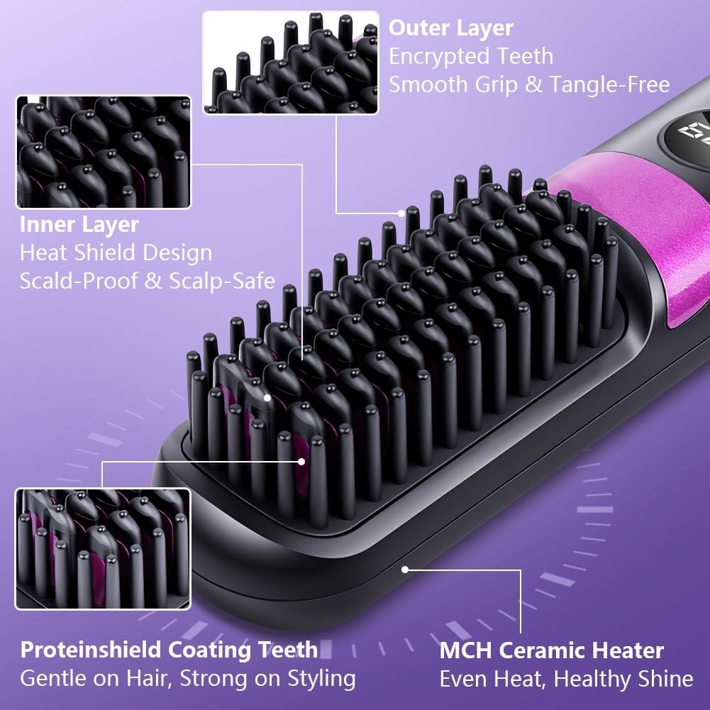Cordless USB Rechargeable Ionic Hair Straightener Brush, Anti Frizz Ceramic Heated Brush for Thick Curly Hair, Fast Heating Travel Hair Straightener Brush for Women - 4
